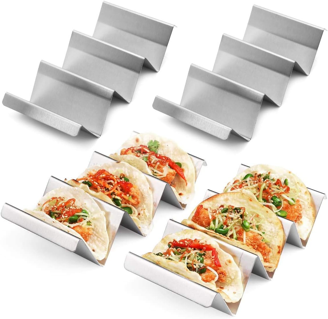 – Funito Taco Holder Stand - Set Of 4 Oven & Grill Safe Stainless Steel Racks With Handles Fill Serve Tacos Ease Trays