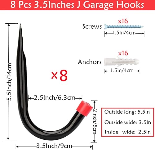 Miniatura 2 de Garaje de almacenamiento J Utility Hook, paquete de 8 ganchos resistentes para colgar en la pared, organizar herramientas de jardín, bolsas de