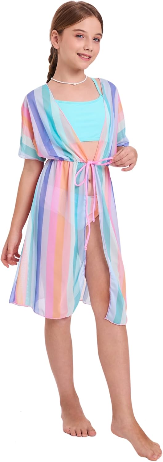Girls Bikini Set 3 Piece - Striped Multicolored Swimsuit with Quick Dry Cover Up - Bathing Suit for Kids 6-14 Years