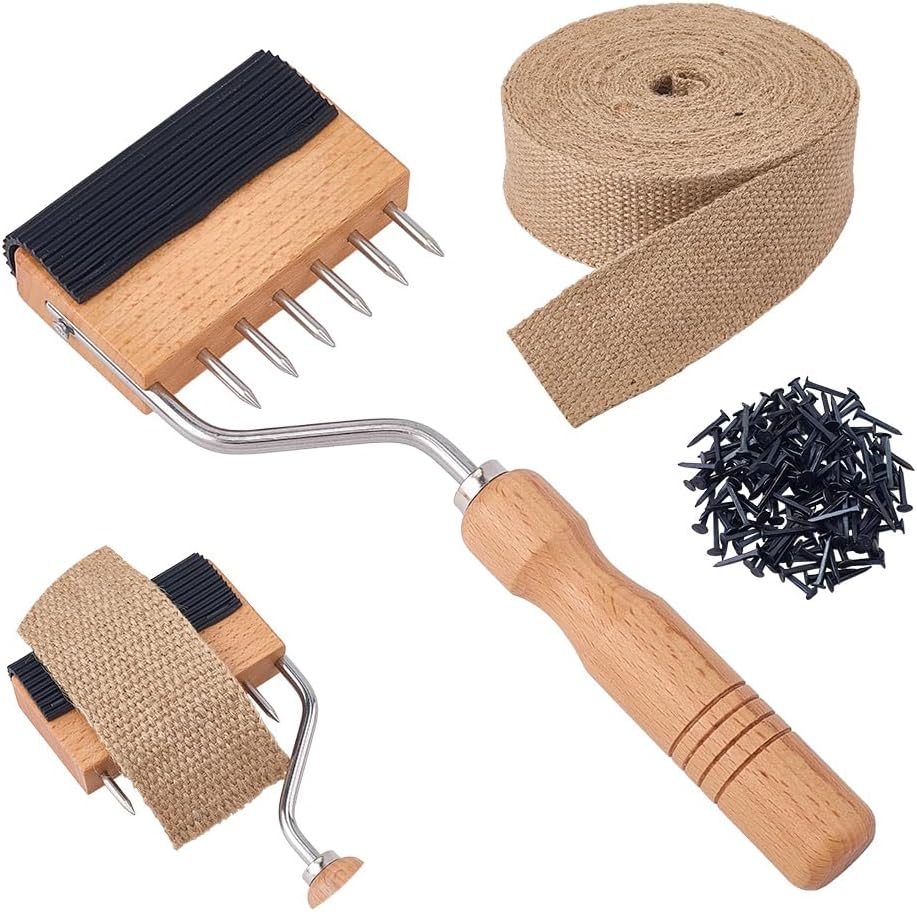 OLYCRAFT Upholstery Tool Set Gooseneck Webbing Stretcher Upholstery Tool 1Pc Wood Webbing Stretcher 10.9 Yardx2.1 Inch Jute Webbing Tape 150Pcs Iron Tacks for Chair Sofa Carpet Canvas Furniture Repair