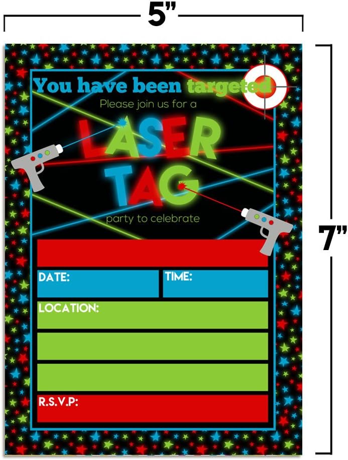 Laser Tag Birthday Party Invitations for Boys, 20 5x7 Fill In Cards with Twenty White Envelopes by AmandaCreation