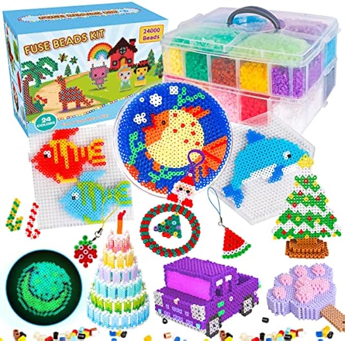 Meland Melting Beads - 24000 Pieces Kids Melting Beads Set, 24 Colors 5mm Iron Beads Set, 4 Neon Colors, 6 Pegboards - Craft Kit Birthday Christmas Gift