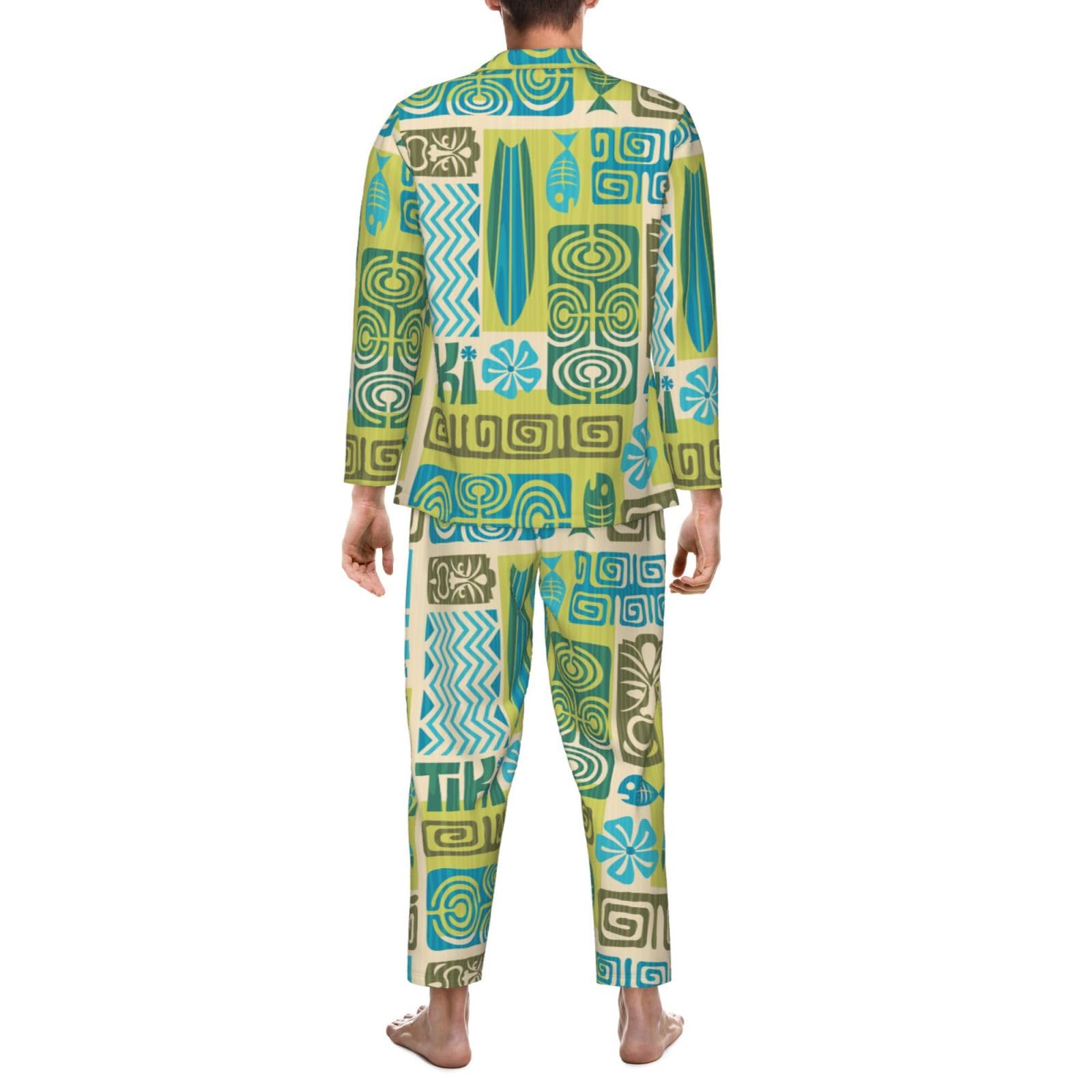 Herren-Pyjama-Set mit exotischem Tiki-Muster 1, weicher langärmeliger Schlafanzug für leichte Knöpfe