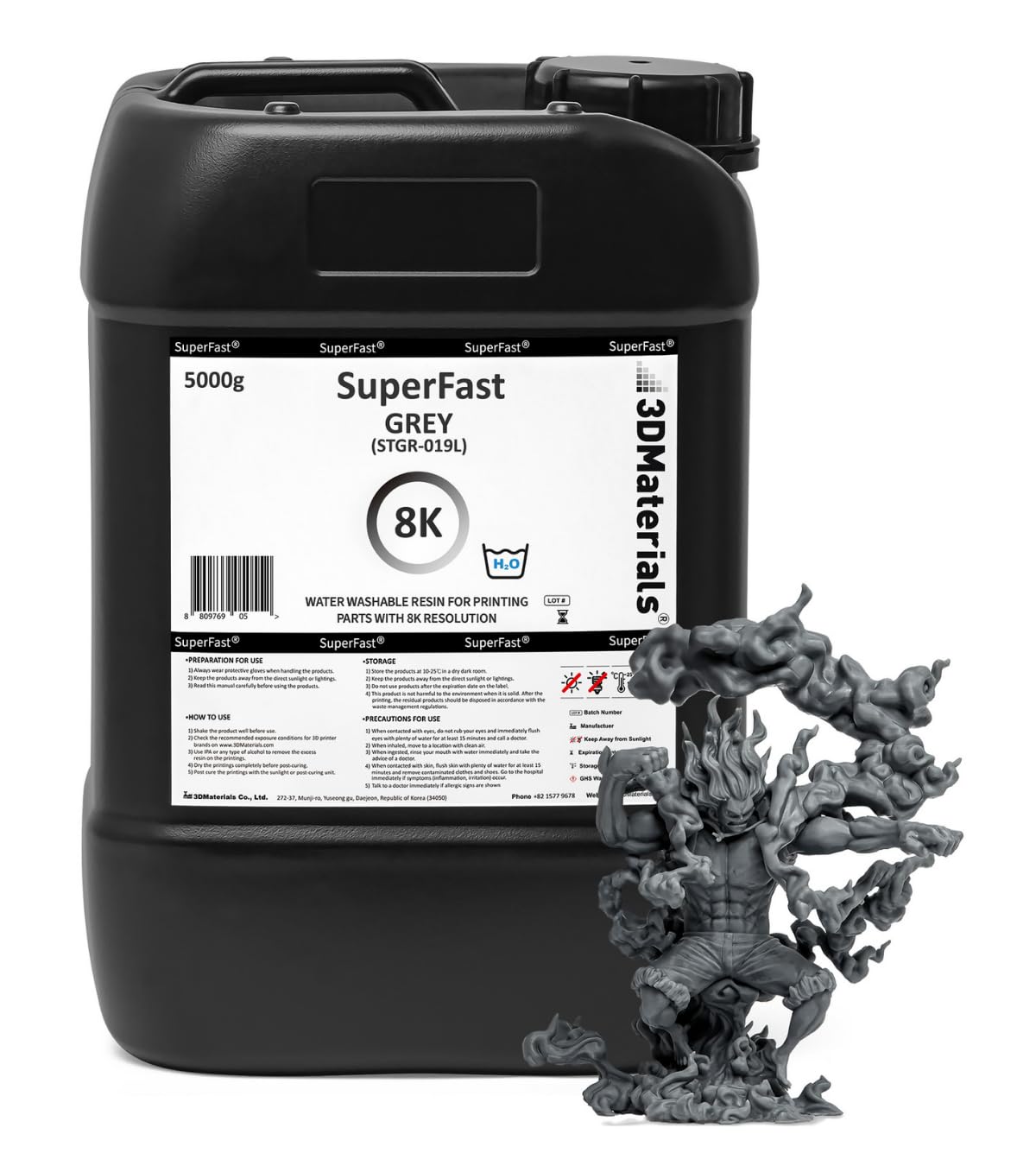 SuperFast 8K Résine d'imprimante 3D lavable à l'eau, impression 50 um en 0,5 sec, Fabriquée en Corée par 3DMaterials (5000g, Gris)