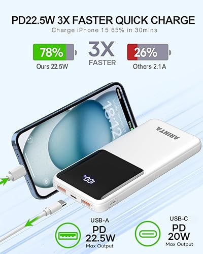 Miniatura 3 de Cargador portátil Power Bank de 10000 mAh PD 22.5 W, batería delgada con pantalla LED y entradasalida USB-C, compatible con iPhone 16 15 14 13 12,