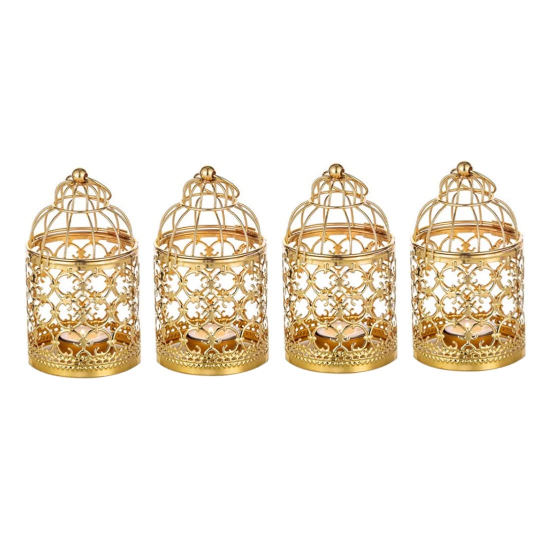 4 Pcs Small Tealight Hanging Birdcage Lantern, Gold Lanterns for Candles Vintage Decorative Centerpieces of Wedding & Party, Tea Light Holder Christmas Candle Holders Decorations Decorative Bird Cage