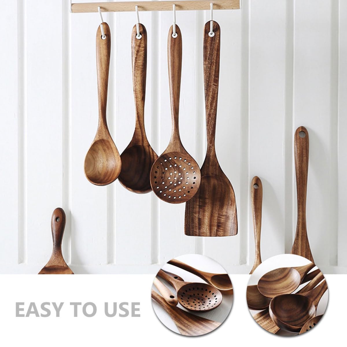 Kichvoe Set Utensili da Cucina in Legno di Acacia con Paletta e Cucchiaio per Mescolare, Design Raffinato e Semplice, per Cucinare in Modo Affidabile