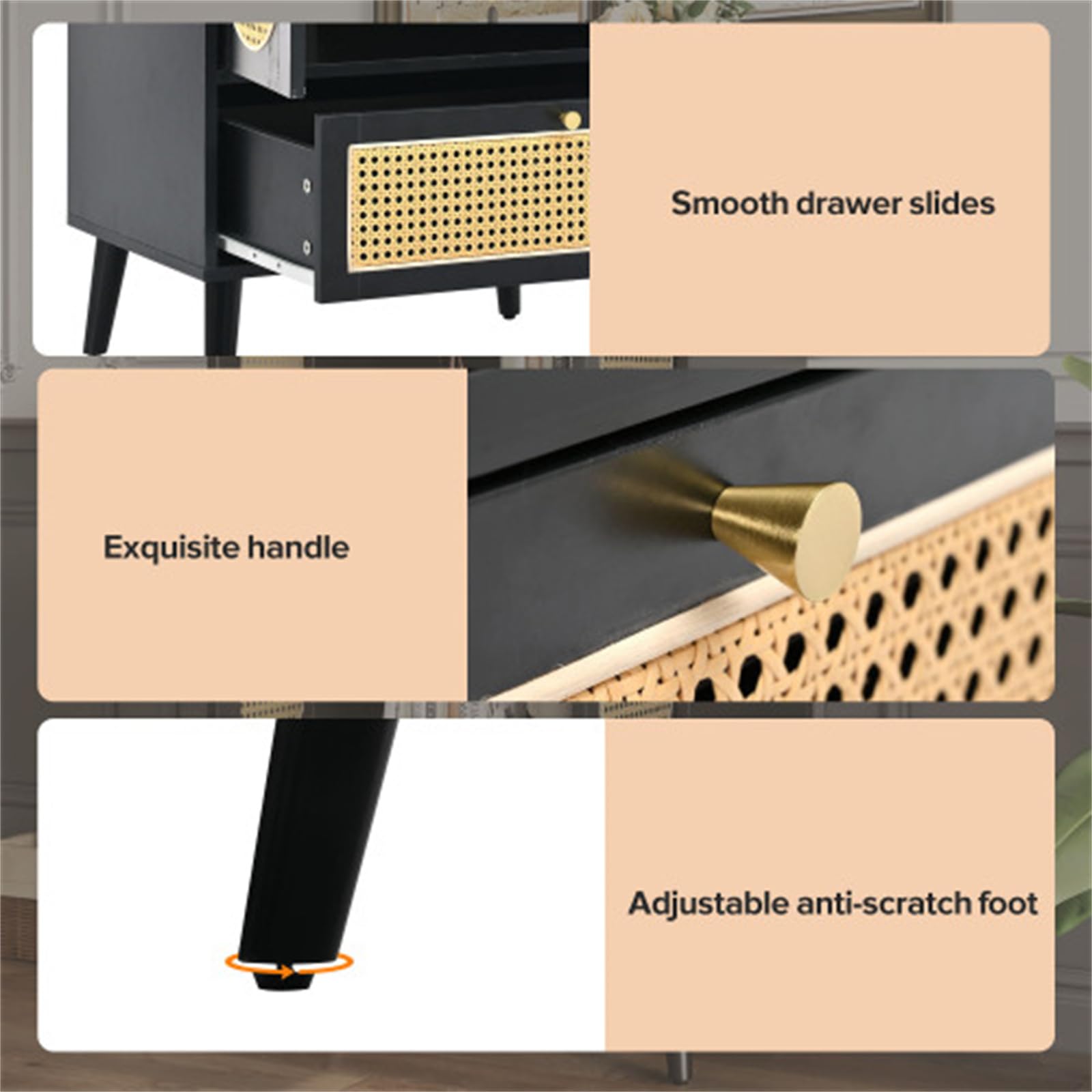 Credenza in Rattan Nero, Piccolo Mini Mobile da Ingresso, Mobile Verticale con più Vani Portaoggetti, Adatto per Soggiorno, Camera da Letto, Corridoio