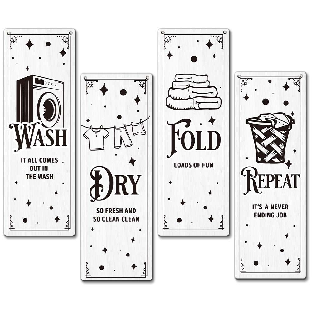 Laundry Room Wall Decor Sign, 4 Pieces Laundry Room Wooden Sign With Rope, Wash Dry Fold Repeat Wall Art Decor For Farmhouse Home Washroom Bathroom,