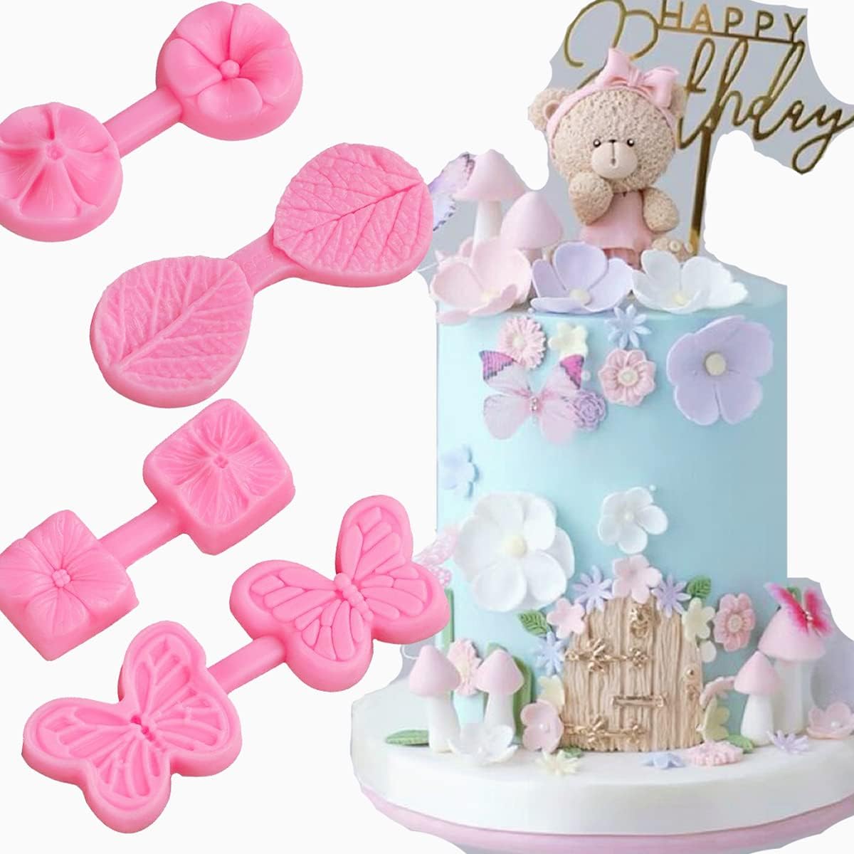 3D RuYi Butterfly Embosser Flower leaf veiner mould embossing cake Fondant imprint gum paste silicone mold for Sugar paste gnome cupcake decorating topper decoration sugarcraft decor set of 4