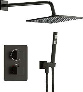 Esnbia Thermostatic Black Shower System, All Metal Shower Faucet Set with 10 Inches Rain Shower Head, Rainfall Shower Heads with Handheld Spray Combo,Anti-Scald Shower Combo Set, Matte Black