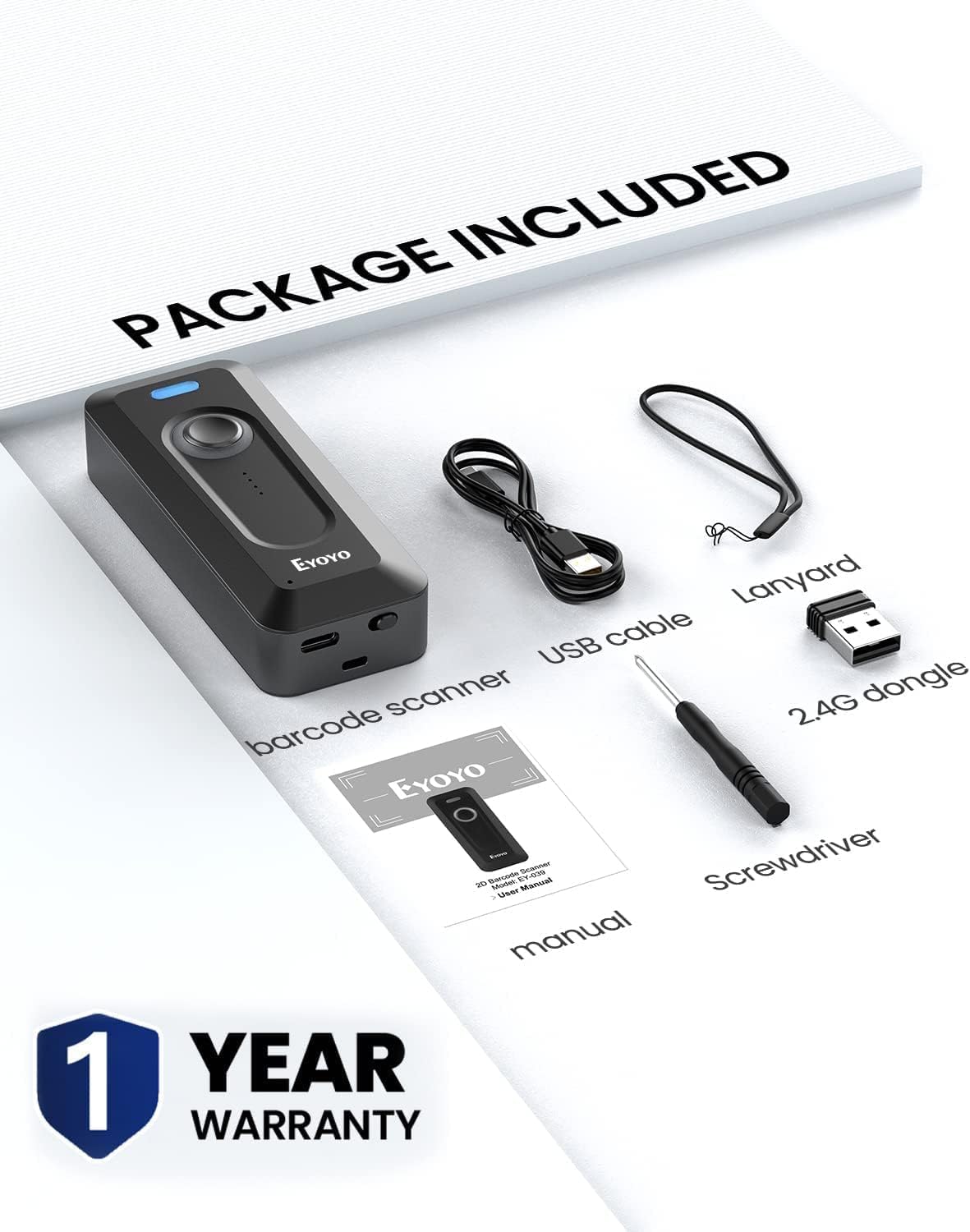 Eyoyo 2D QR Bluetooth escáner de código de Barras inalámbrico con Clip, batería de 2000mAh con indicador de Nivel, Lector de código de Barras Mini portátil para el inventario de Libros