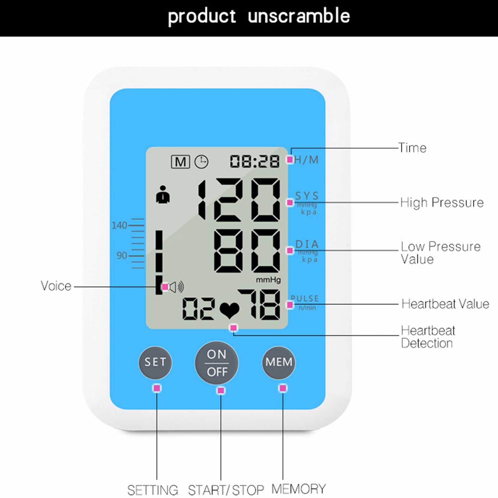 Elektroniczny ciśnieniomierz na ramię, jeden kluczowy pomiar, 2 * 99 grup danych pamięci, monitorowanie tętna, duży ekran, do monitorowania nadciśnienia
