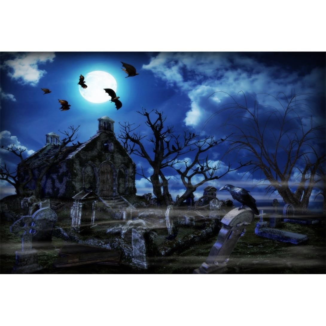 YongFoto Sfondo Fotografico Halloween 2,2x1,5 M – Casa Stregata, Luna, Cimitero – Fondale In Vinile Per Festa E Studio