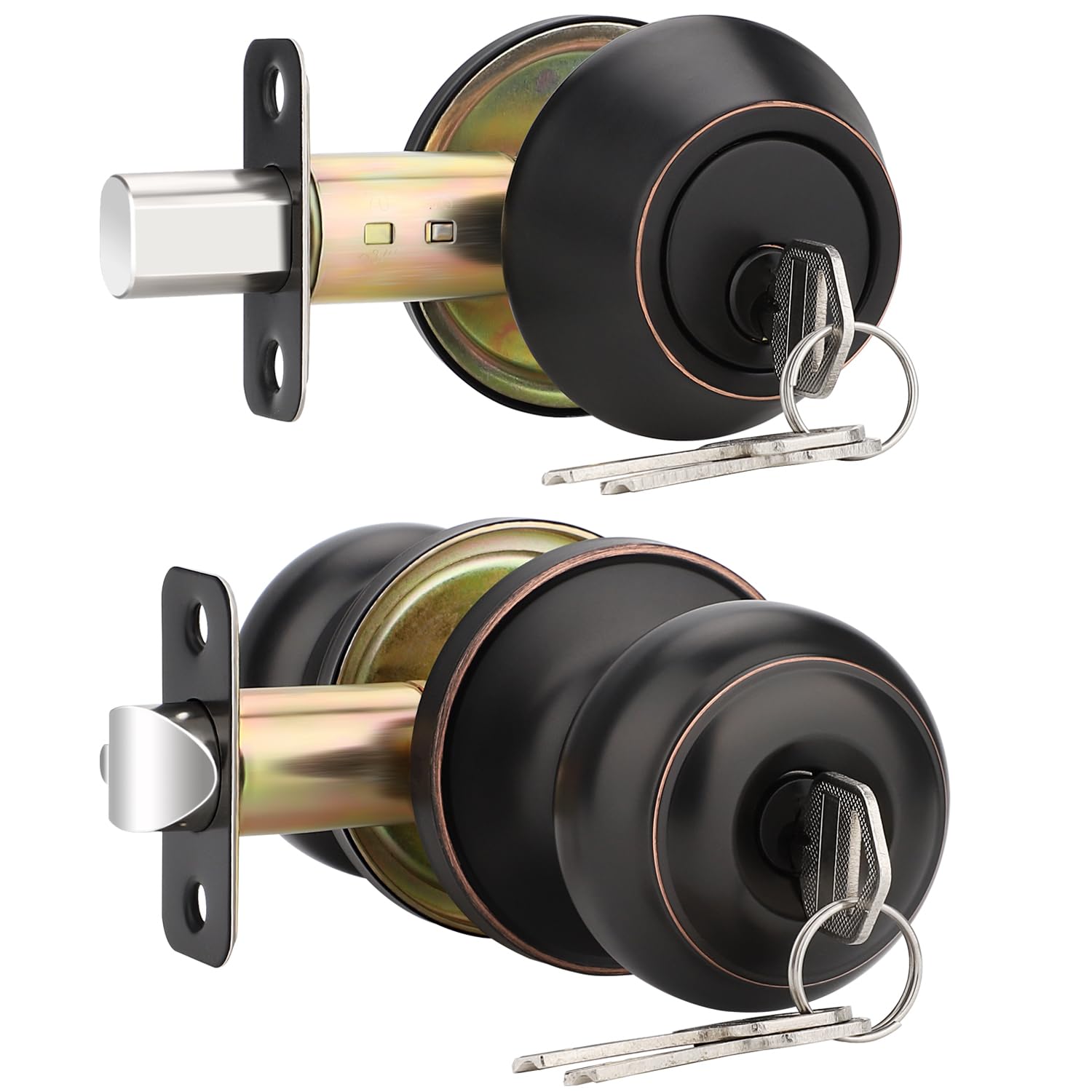 EHOMEWARE Paquete de 3 pomos de puerta de bronce aceitado, con llave igual con cerrojo de seguridad, perilla redonda para puerta de entrada y cerrojo de un solo cilindro, reversible izquierda/derecha