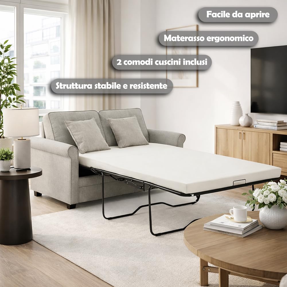 Shally Dogan Divano Letto 2 Posti con Rivestimento in Tessuto Grigio e Cuscino Memory Ergonomico Apertura Facile, Divanetto Apribile con Cuscini Imbottitura Alta Densità, 142.5 x 77 x 86 cm (Grigio)