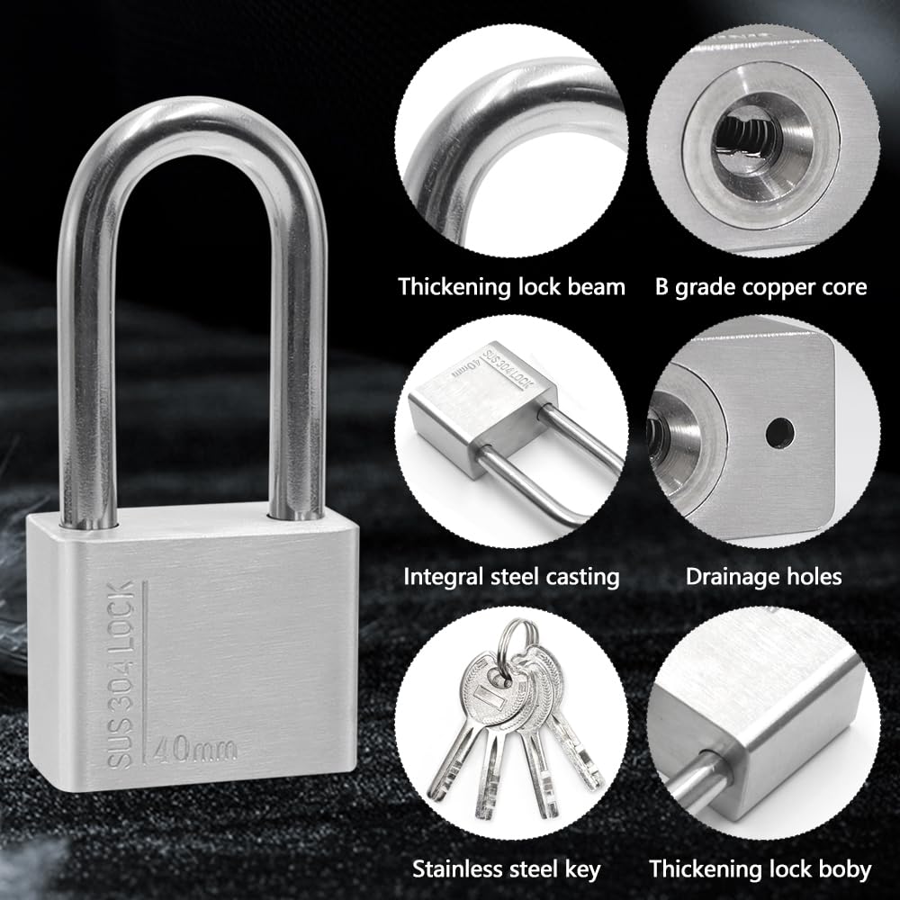 Grillete Alto Candado de Acero Inoxidable 304 con 4 Llaves, Protección Impermeable y de Alta Seguridad para uso en Exteriores, 40 mm