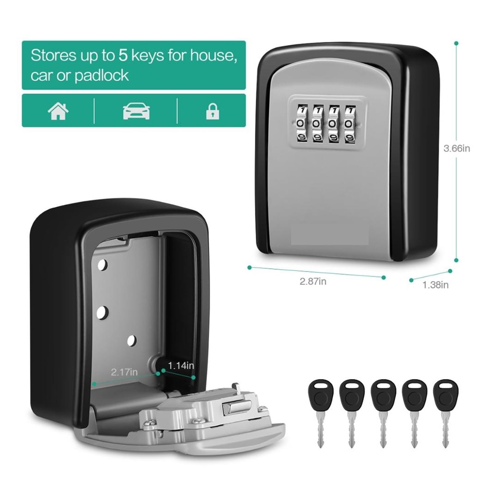Caja de seguridad para llaves al aire libre, montaje en pared, con bloqueo de contraseña, color gris/negro, caja fuerte para el hogar, jardín o garaje, solución de almacenamiento fiable de llaves