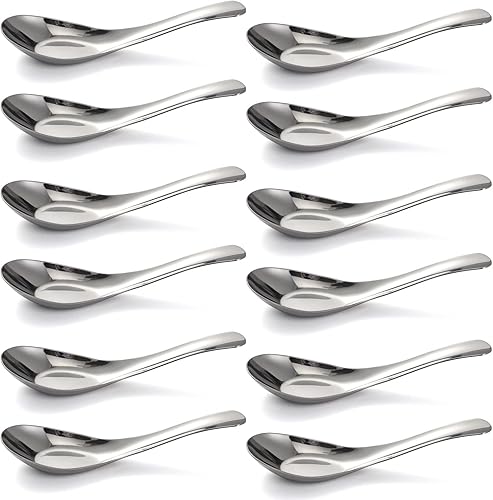 Cucharas de sopa de acero inoxidable, juego de 12 cucharas de sopa china, cucharas de caldo plateadas, espejo pulido