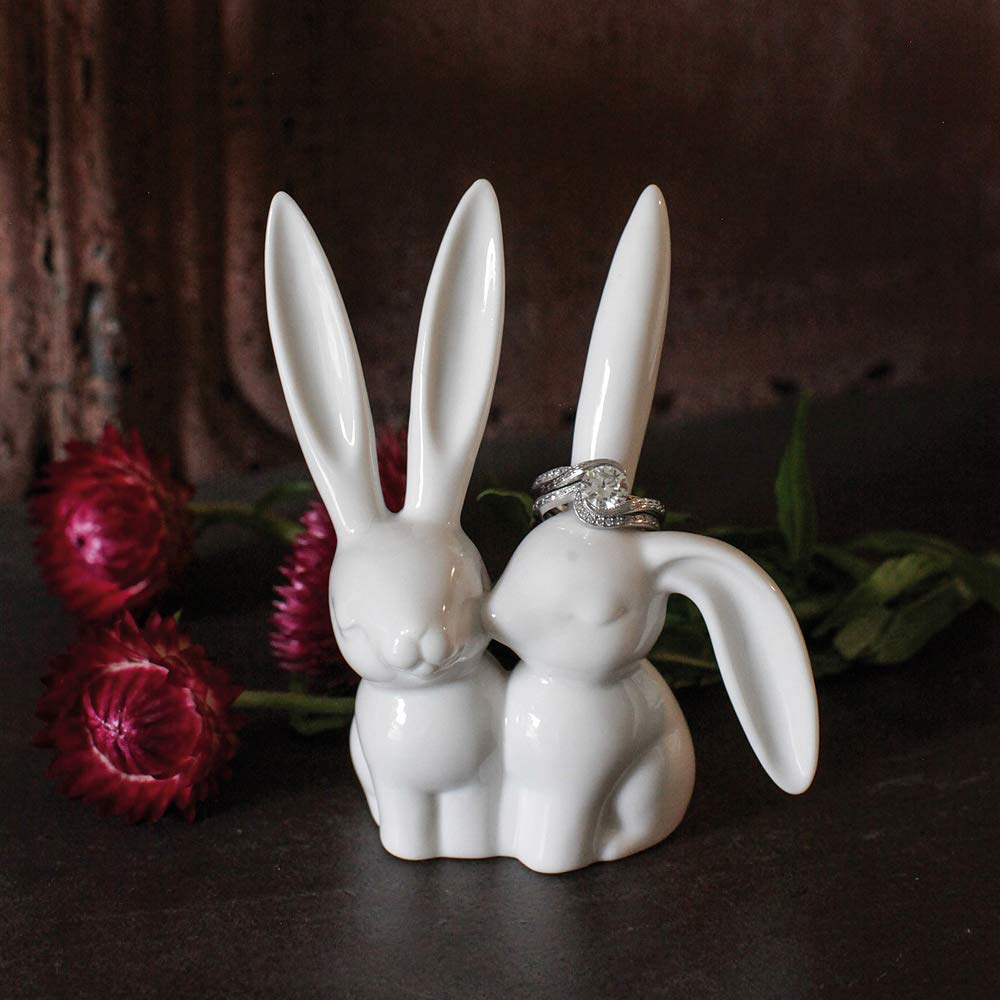 Soporte de cerámica para anillos de conejo, para joyas, soporte para anillos de boda, color blanco