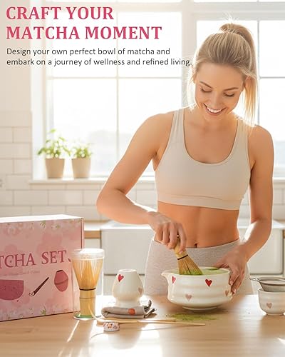 Miniatura 7 de Juego de 8 piezas de cerámica con tazón para batidor, soporte para kit de té matcha, cuchara de bambú, tamiz, toalla incluida, regalo de cumpleaños