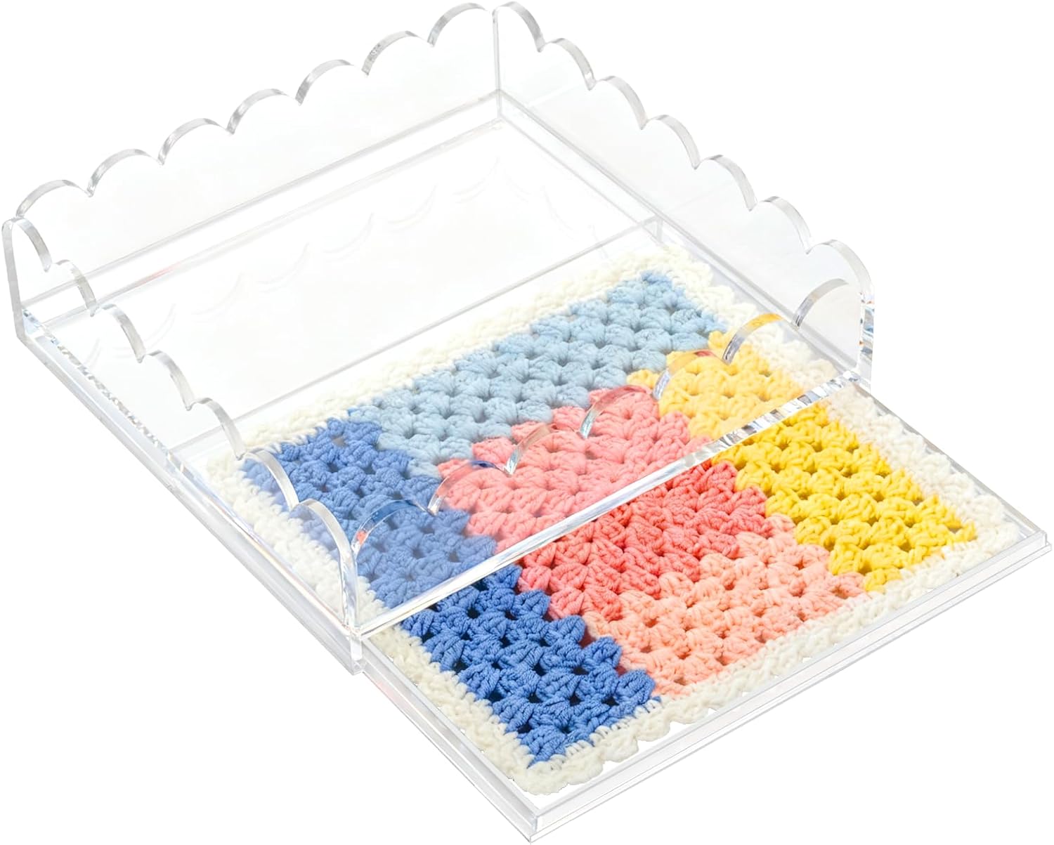 Acrylic Trays for Needlepoint 5" x 5", Scalloped Acrylic Tray with Drawer for Insert Needlepoint, Photos, Art, Fabric, Napkin, Messages Display Basket, Decorative Tray Gift for Home Office