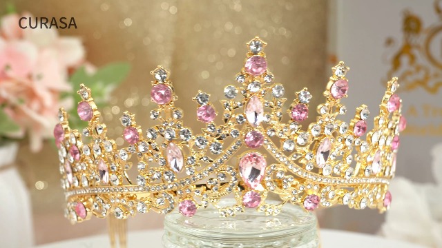 Amazon.com: CURASA Gold Princess Crown Pink Tiara for Women  display picture 3