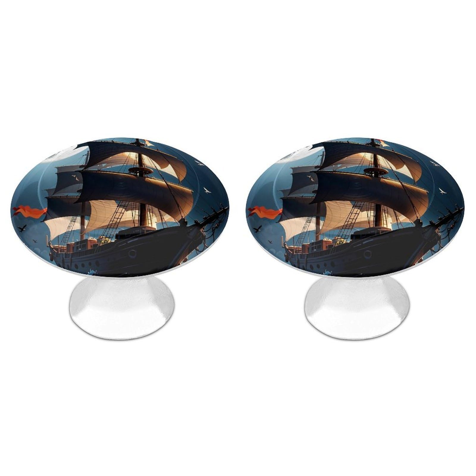 FekiLoot Round Cabinet Knob 2 Pack Kitchen Drawer Knobs Stainless Steel Round Drawer Pulls Modern Cabinet Hardware Pirate Sailboat Full Moon Drawer Hardware for Dresser Closet Door Knobs
