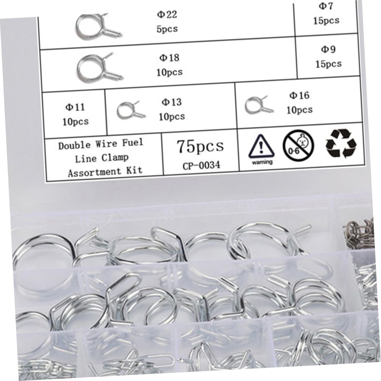 75pcs Double Wire Hose Clamps Assortment Kit Φ6.7-φ23 Carbon Steel Water Line Clips Fasteners for Automotive Fuel and Air Tubing Repairs