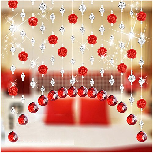 Emptystar Curtains Rod - 1m Rose Crystal Glass Bead Window Curtain Voile Drape Panel Sheer Scarf Valances for Bedroom Living Room Home Wedding Decor - One Strand (Red)