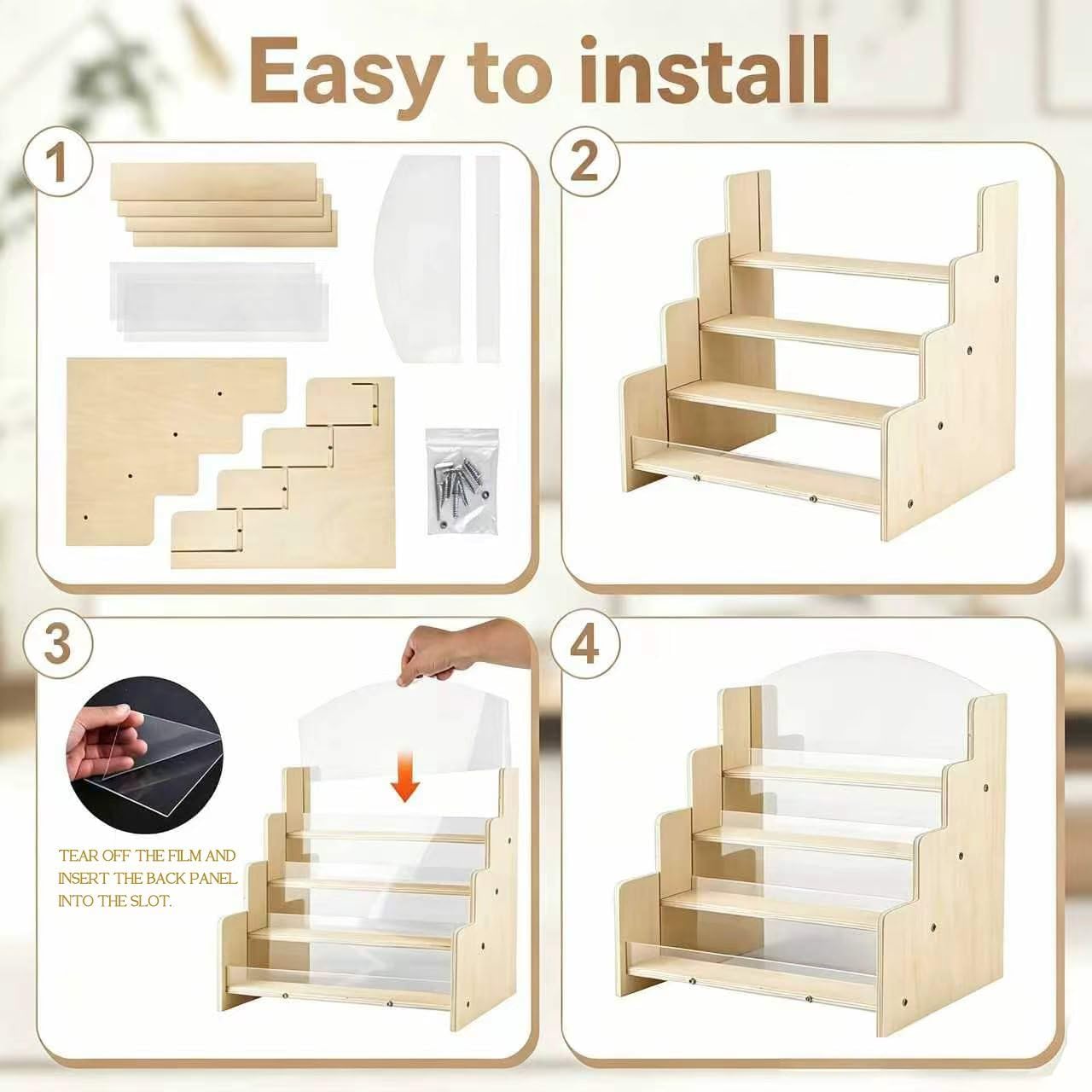 4-Tier CD Storage Holder, Wooden & Acrylic CD Display Stand, Holds up to 40 CD Jewel Cases, Desktop CD Organizer for Living Room, Home Office & Retail Media Collection