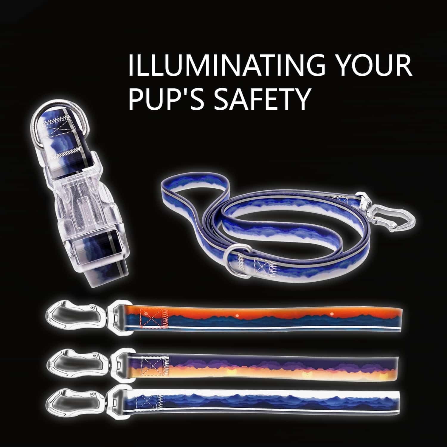 Heavy Duty Reflective Dog Collar with Metal Buckle and D Ring, Adjustable Waterproof Chew Resistant for Small Medium and Large Dogs, Blue and White Pattern (Yellow Purple, L)