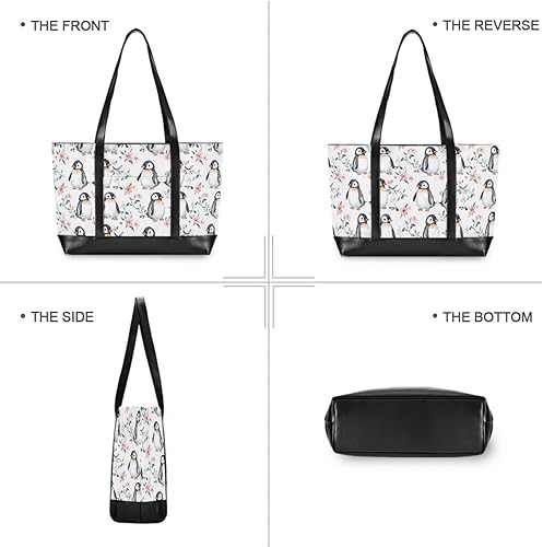 Miniatura 3 de Cute Penguins Flowers Classy Canvas Laptop Tote Bag with Zipper Tote Bag for Mom with maletin ejecutivo para mujer