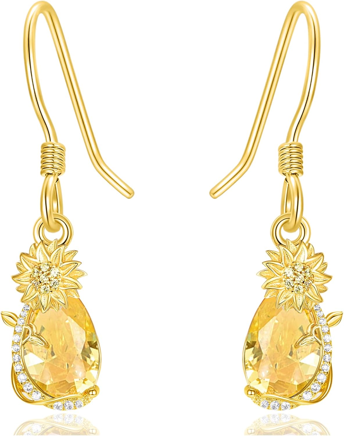 Sunflower Citrine Dangle Drop Earrings for Women 925 Sterling Silver 14K Gold Plated Sunflower Dangling Hook Earring Anniversary Birthday Jewelry Gifts for Wife