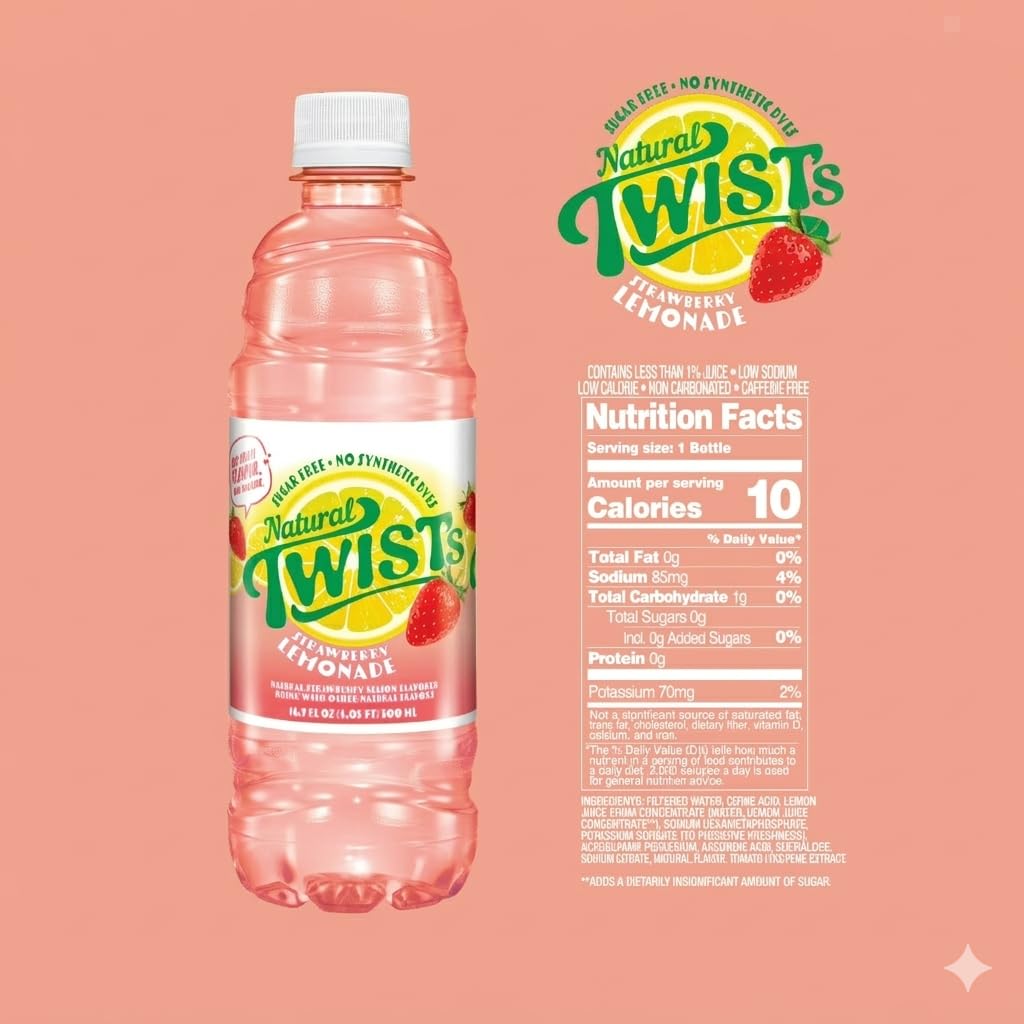 Natural Twist's Sugar Free Lemonade Variety Pack - 16.9 fl oz Bottles, 24 Count - Low Calorie Fruit Flavored Drinks, No Caffeine, Keto Friendly Refreshing Non-Carbonated Beverage - Strawberry and Original Flavors