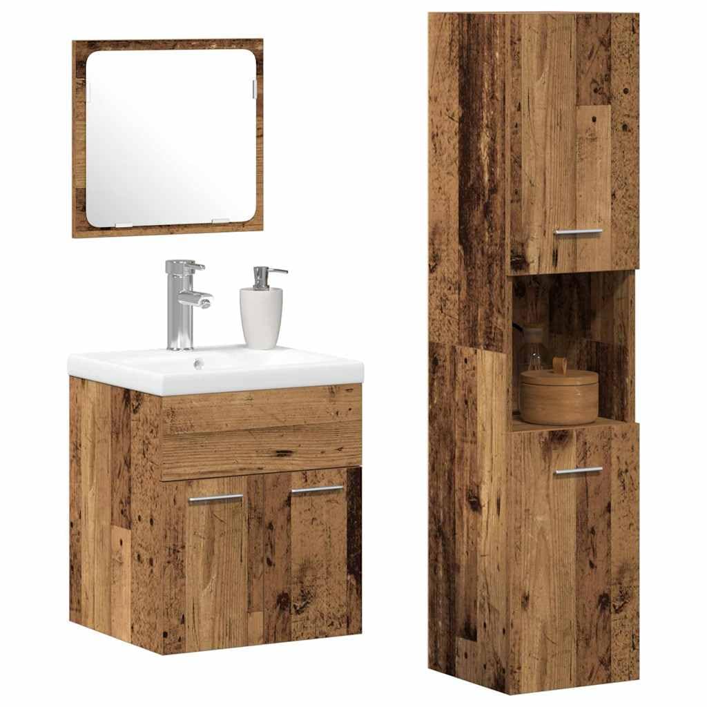 Juego de muebles de baño, 4 piezas, madera vieja, con armario bajo el lavabo, espejo, armario alto, estantería moderna, ahorro de espacio, para inodoro y baño