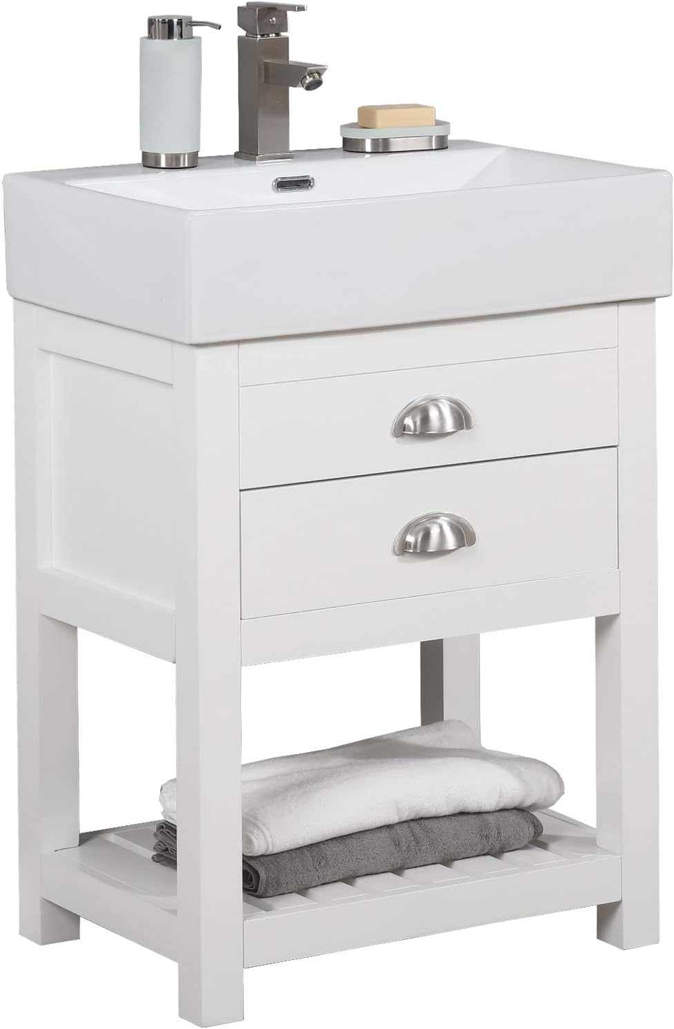 Best Deal 🛒 LUCA Kitchen & Bath LC24RWP Helen 24 in. W x 16.5 in. D Single Sink Farmhouse Console Vanity Set in Pure White Integrated Porcelain Top