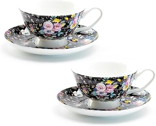 Gracie Bone China Black Petite Rose Teacup And Saucer 8-Ounce (Set of 2)