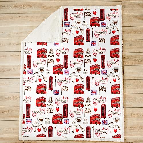 British Sherpa Blanket London Urban Fleece Throw for Bed and Sofa, Kids Red Bus Plush Utra Soft England Flag Fuzzy Retro Telephone Booth Flannal Single 50x60 Inch
