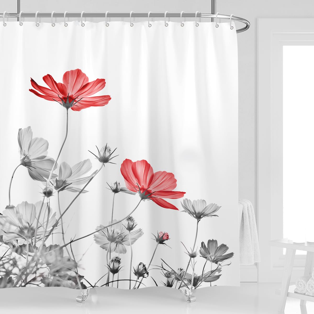 Kikiry Red Gray Flower Shower Curtain 72''W x 72''L White Grey Daisy Floral Ink Painting Botanical Simple Elegance Bathroom Curtains Polyester Fabric