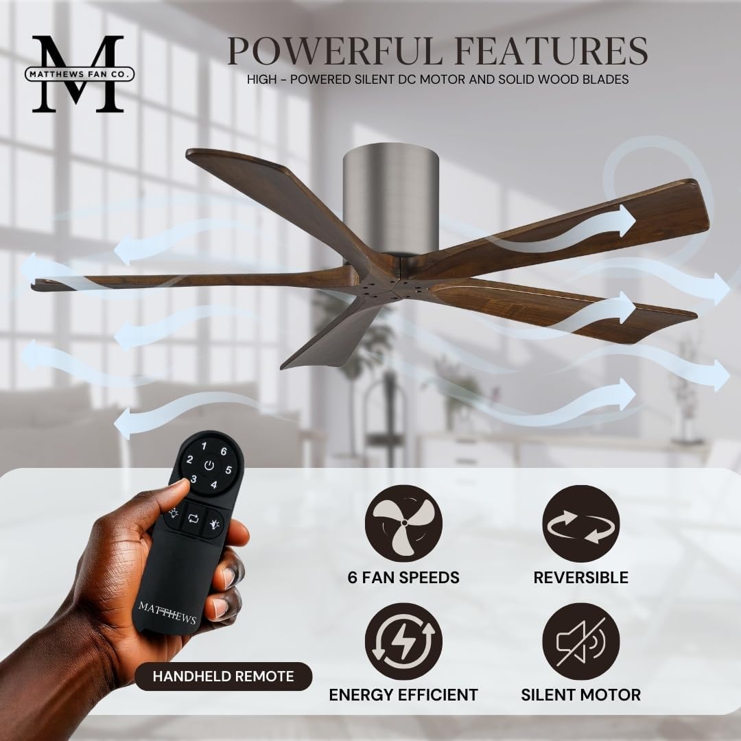 Matthews IR5H-BP-WA-42 Irene Damp Rated 42" Flush Mount Ceiling Fan with Remote and Wall Control, Silent DC Motor, 5 Walnut Tone Solid Wood Blades, Brushed Pewter