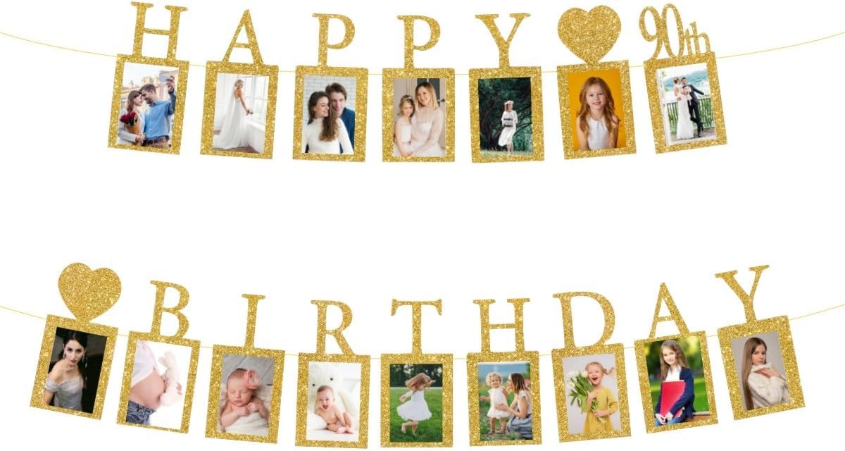 Happy 90th Birthday Photo Banner 90 Year Old Party Decorations, Ninety Birthday Picture Frame Banner 90th Photo Frame Party Supplies Bunting Decor, Gold