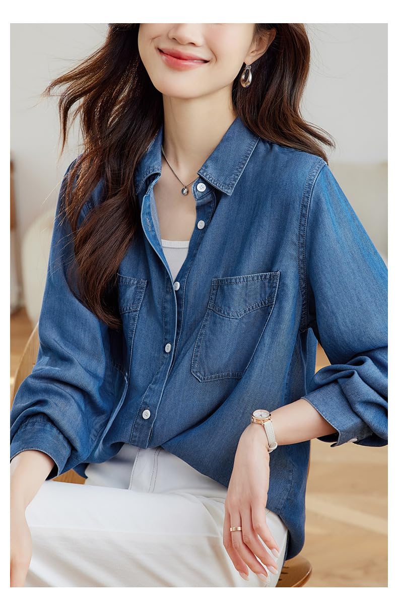 Camicia da Donna in Morbido Denim Tencel, vestibilità Ampia, Maniche Lunghe, Abbottonatura Frontale, Camicetta in Chambray, Leggera E Casual, con Tasche sul Petto, Ideale per Lavoro, Uffi