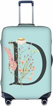 Travel Luggage Cover Elastic Blue Suitcase Protector Bag,Black Letter D Boho Floral Flowers Leaves Dust-Proof Washable Baggage Covers For Wheeled Suitcase Kid Adult,M For 22-24 Inch Luggage
