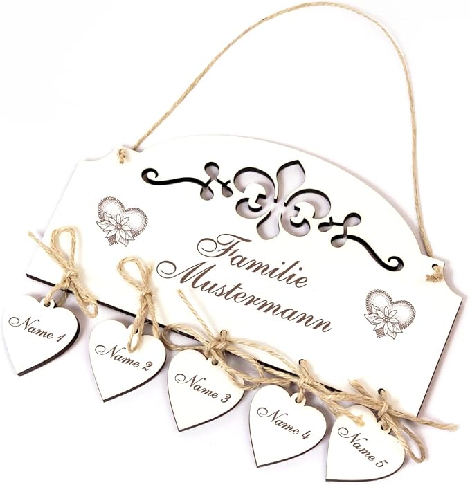 Vintage Familien Schild zum Anhängen mit 4-5 Namen auf Herzen graviert • Türschild Familienname 21 x 11 cm • Türdeko Haustür Eingangsschild