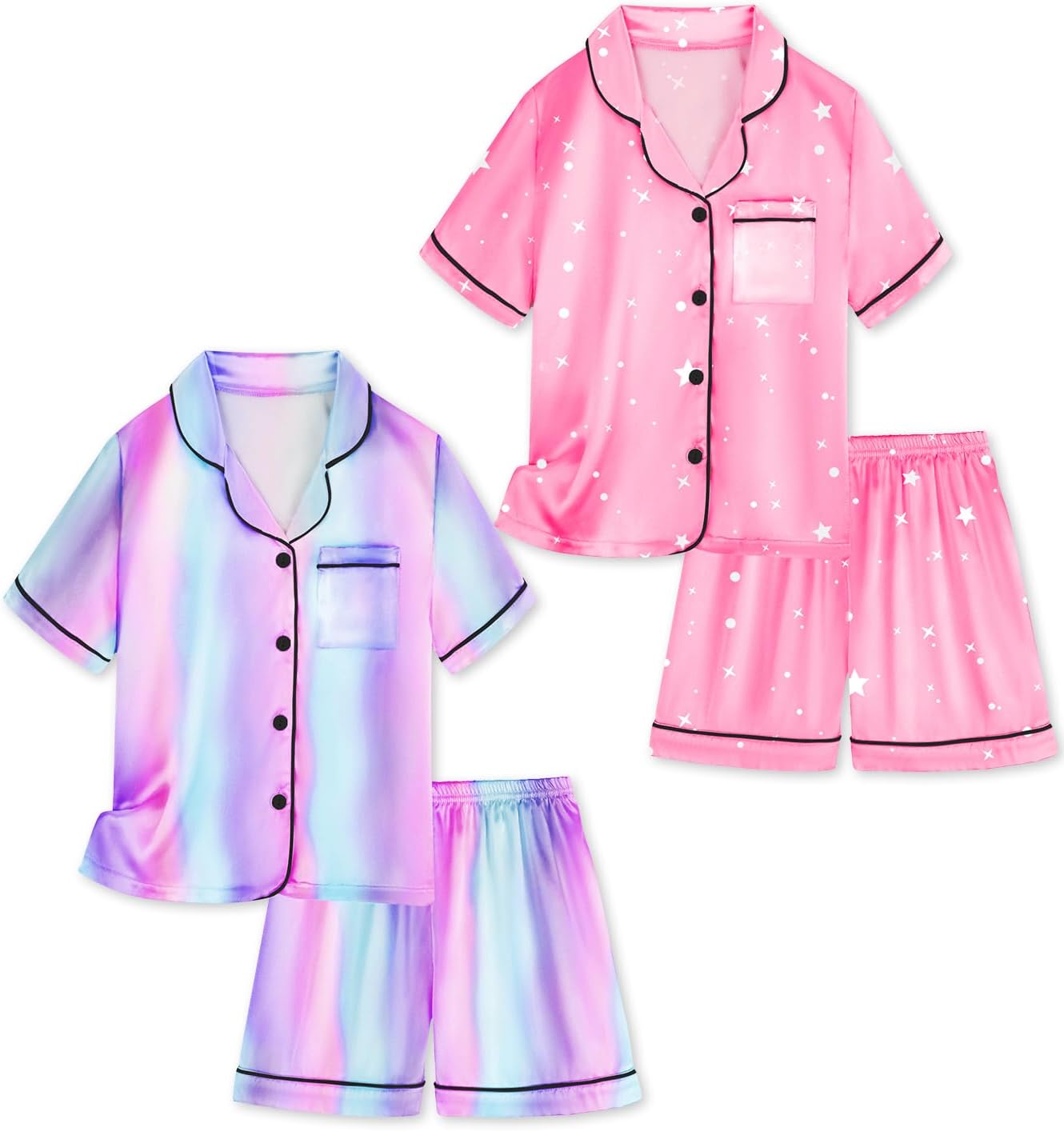 Satin Pajamas for Girls, 4-Piece Short Sleeve Button Down Silky PJ Set