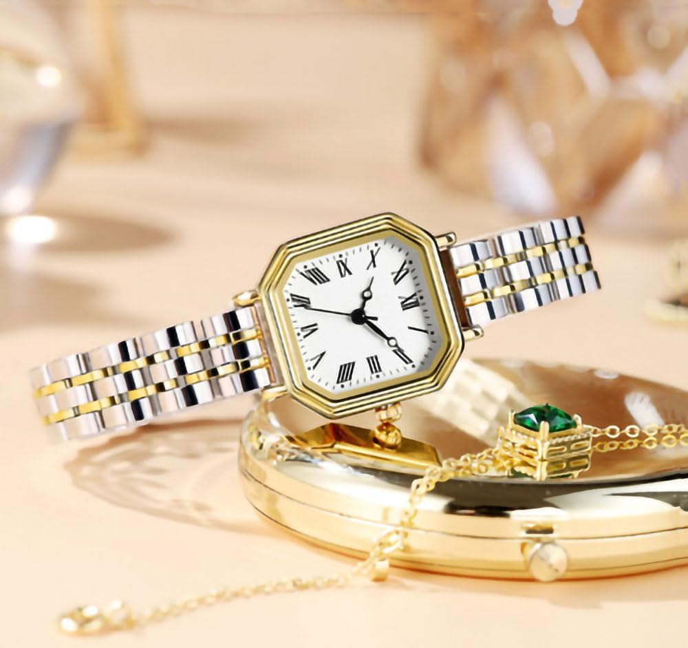 ADSBIAOYE Watches for Women Gold/Silver Vintage Octagonal Simple Stainless Steel Strap Casual Waterproof Wrist Watch for Ladies