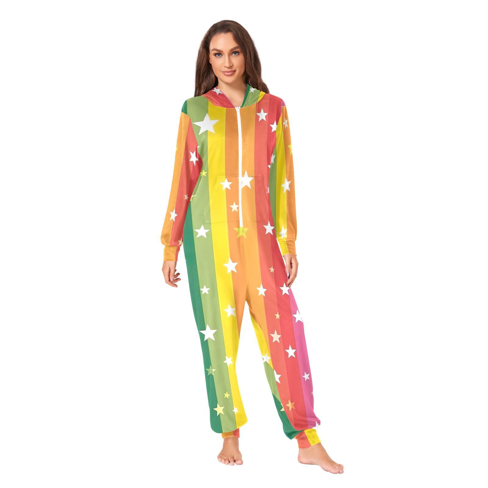 GAIREG Pigiama intero con cappuccio unisex per adulti a righe arcobaleno e stelle, pigiama natalizio per adulti con cappuccio
