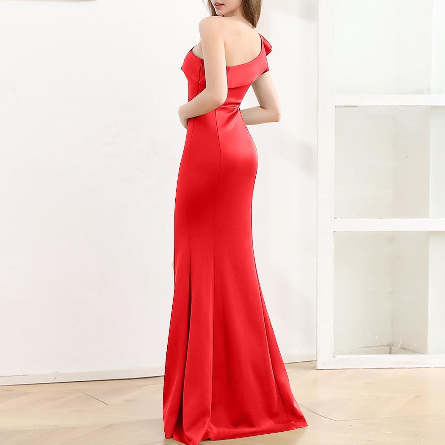 One Shoulder Formal Maxi Dresses for Women with High Split | Women's Evening Dress Ruffle Slim Fit Long Dresses Cocktail Party Wedding Guest Gowns