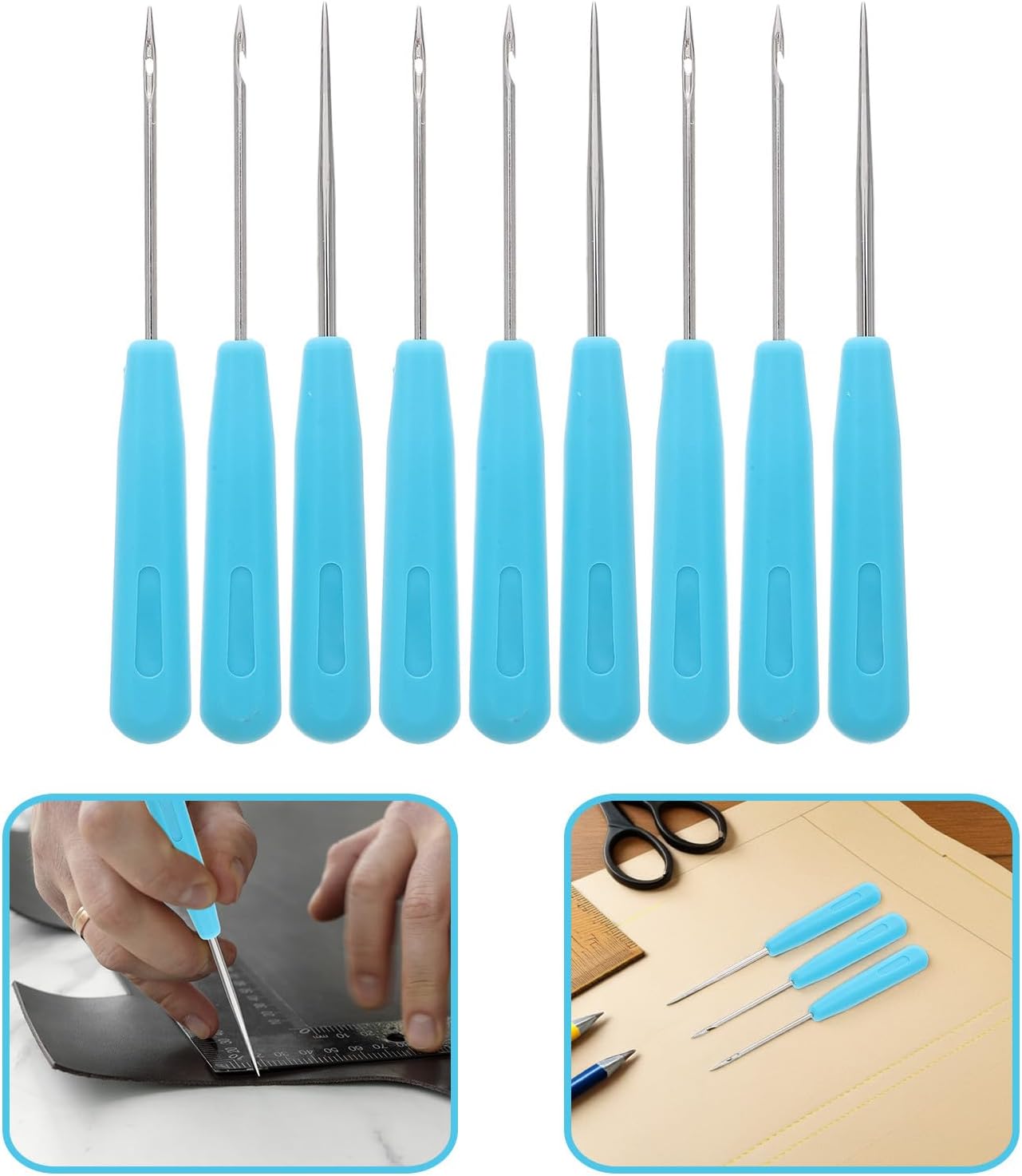 DECORNIJIA 9 Pcs Hand Stitching Awl Set with Anti-Slip Handles, Blue Metal Hole Punch and Shoe Strap Puncher for DIY Leather Sewing and Craft Repair